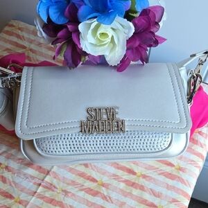 Steve Madden White Textured Shoulder Bag with Gold Embellishment